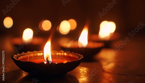 close up of diya flames in a dark room