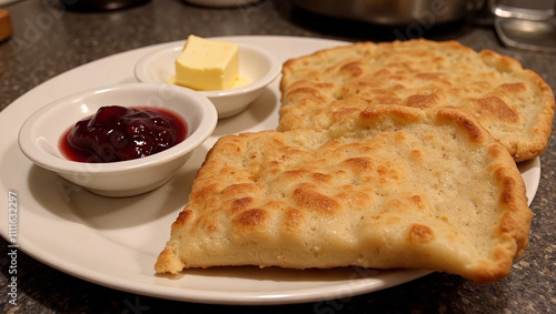 Rustic norwegian lefse with butter and jam on a white plate photo