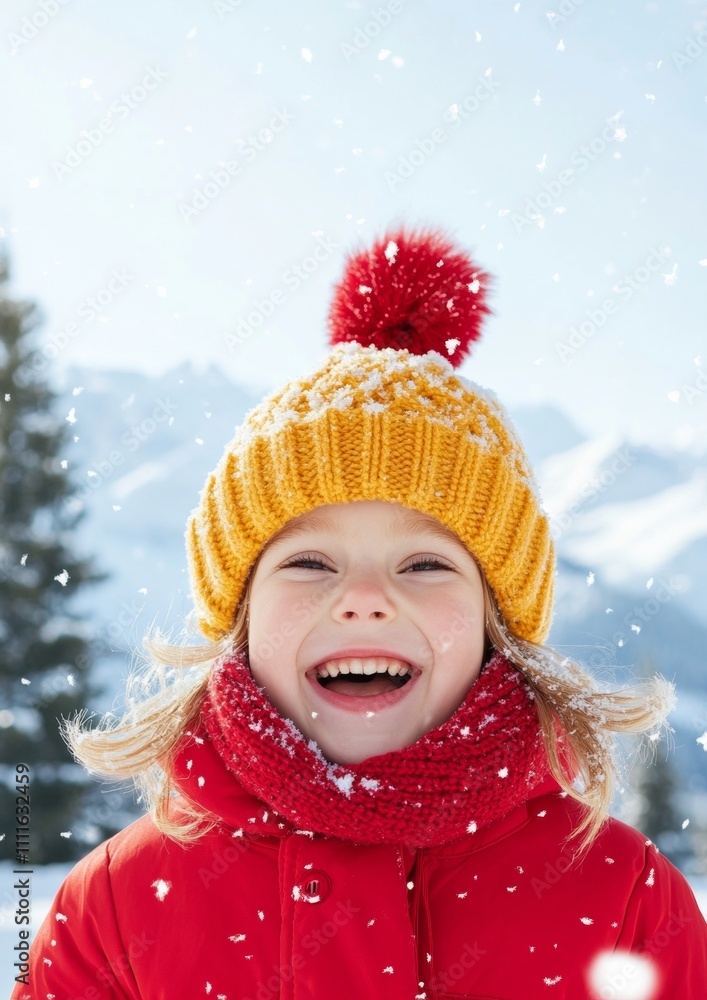 Joyful Winter Moments Child in Bright Knitted Hat and Scarf, Christmas and New Year Joy in Snowy Mountains Joyful Winter Moments Child in Bright Knitted Hat and Scarf, Christmas and New Year Joy in Snowy Mountains