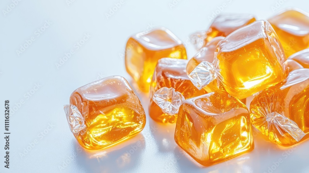 Hard caramel candies in shades of amber and gold, wrapped in crystal-clear wrappers, luxury sweets, classic and timeless Hard caramel candies in shades of amber and gold, wrapped in crystal-clear wrappers, luxury sweets, classic and timeless