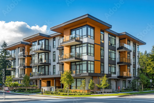 Modern apartment building with many windows, reflecting sunlight and towering over a bustling urban street.