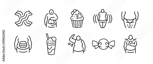 Fast Food icons. Set of 10 fast and junk food minimal icons. Examples: burgers, sodas, unhealthy body, diet, candy. For use in health education. Vector illustration