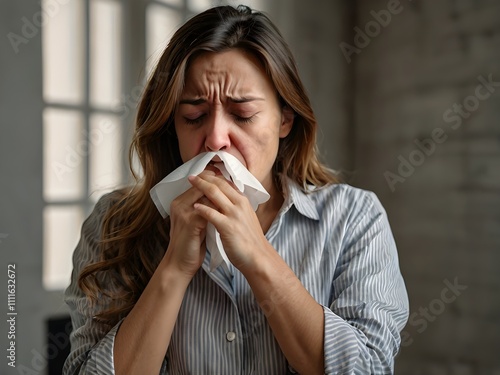 a woman is coughing while emitting smoke from her mouth and nose from smoking