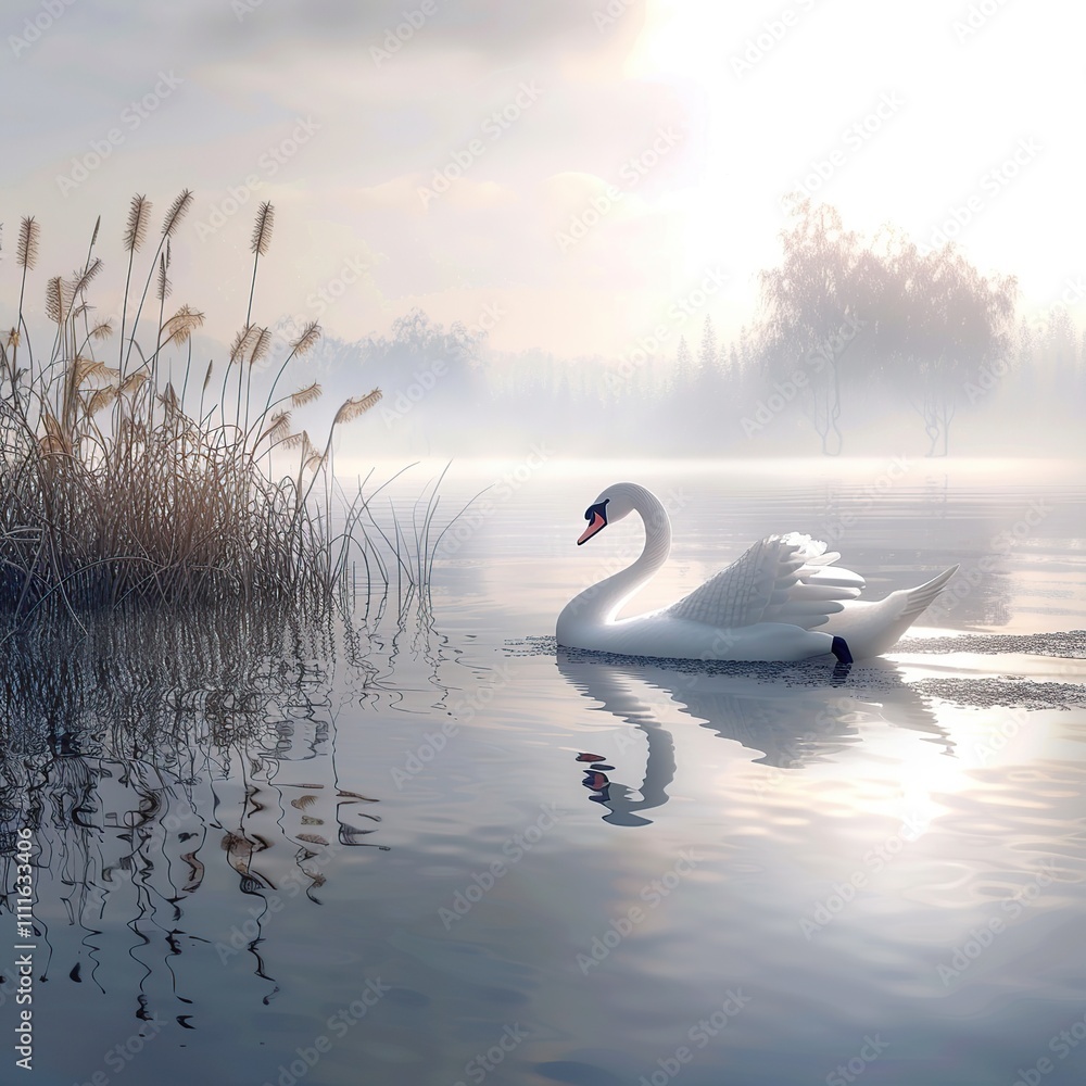 Serene swan swimming on misty lake at sunrise. Serene swan swimming on misty lake at sunrise.