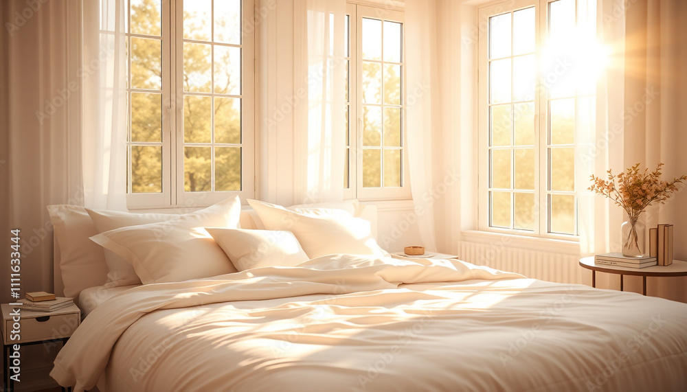 Cozy bedroom with sunlight streaming through large windows, minimal design Cozy bedroom with sunlight streaming through large windows, minimal design