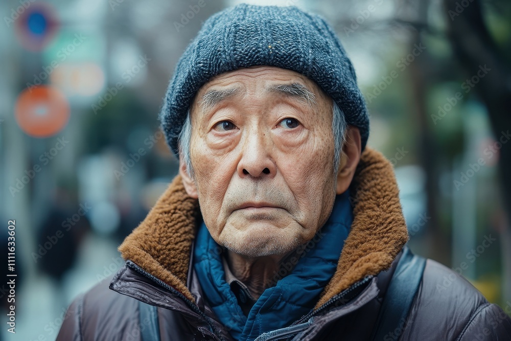 Close-up portrait of a pensive elderly Asian man in a winter hat and jacket, outdoors. This image portrays wisdom, resilience, and the passage of time, ideal for depicting aging or reflection. Close-up portrait of a pensive elderly Asian man in a winter hat and jacket, outdoors. This image portrays wisdom, resilience, and the passage of time, ideal for depicting aging or reflection.