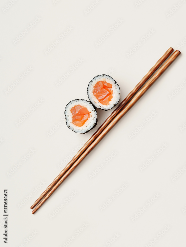 Two delicious Asian sushi rolls and chopsticks on a white background. Rice rolls with red fish, salmon. Japan restaurant menu, sushi delivery, advertising, minimal design. Two delicious Asian sushi rolls and chopsticks on a white background. Rice rolls with red fish, salmon. Japan restaurant menu, sushi delivery, advertising, minimal design.