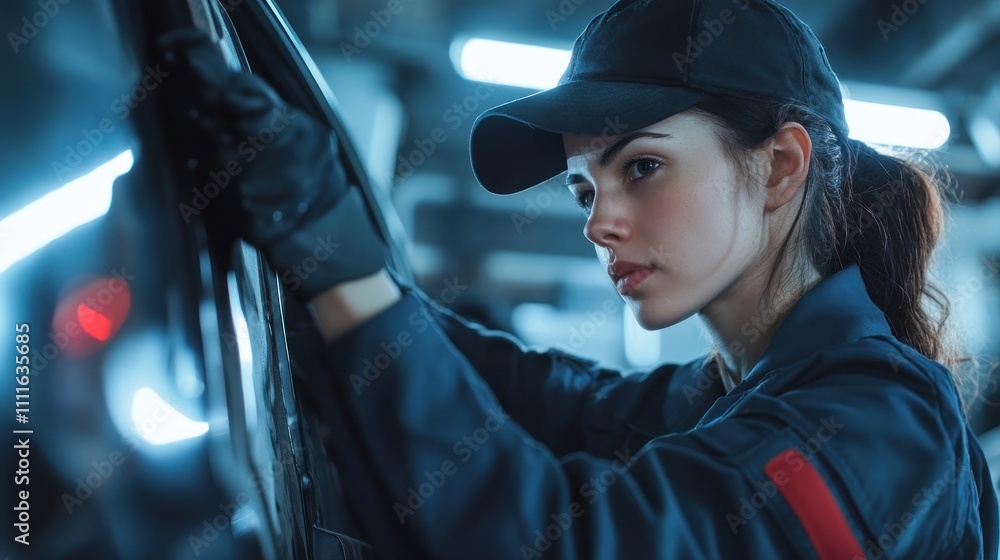 Young woman working on a car in an auto shop Young woman working on a car in an auto shop
