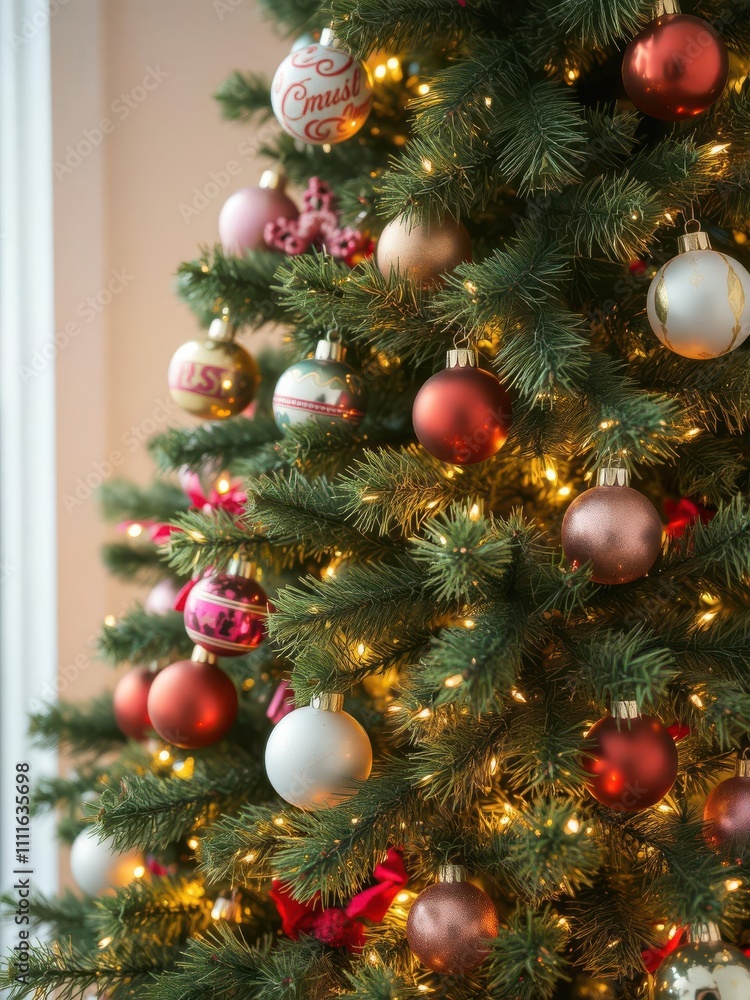 Fototapeta premium A beautifully decorated Christmas tree with colorful ornaments and twinkling lights, sparkle, festive