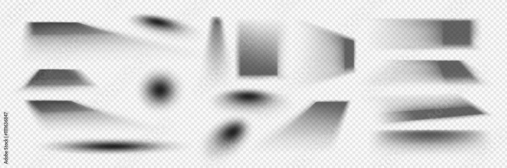 Box shadow effect vector. Realistic light shade overlay on floor. Transparent soft edge for circle and rectangular element isolated mockup. Bottom blur border layout for surface side view template