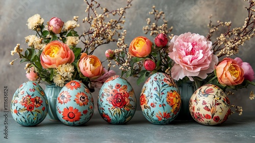 Five painted Easter eggs with floral patterns and spring flowers in blue vases on a rustic gray background.