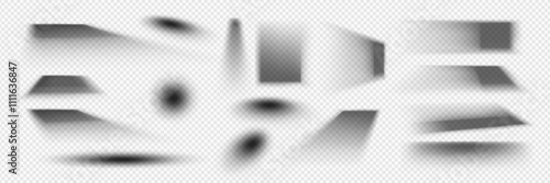 Box shadow effect vector. Realistic light shade overlay on floor. Transparent soft edge for circle and rectangular element isolated mockup. Bottom blur border layout for surface side view template