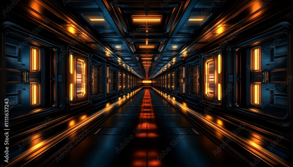 Futuristic Illuminated Corridor With Metal Walls And Doors Futuristic Illuminated Corridor With Metal Walls And Doors