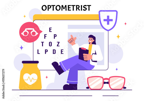 Optometrist Vector Illustration featuring an Ophthalmologist Examining a Patient's Vision, Optical Eye Tests, and Advanced Spectacles Technology