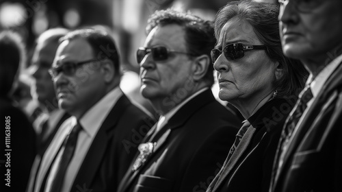 Woman holding flowers at funeral procession in somber light