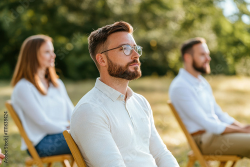 Focused man in glasses during outdoor team retreat with colleagues