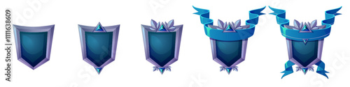 Decorative fantasy game rank ui design deep blue badges with gemstones, silver frame with floral motifs and flowing ribbon elements. Progress steps of award medal or avatar border decoration.