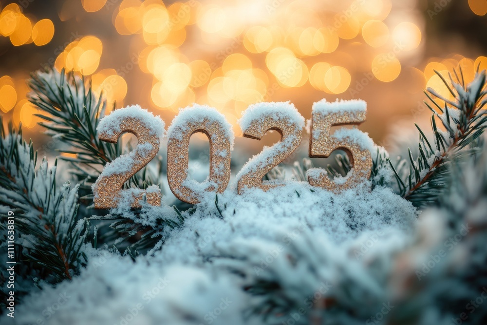 Charm inscription of 2025, against background of fluffy snow-covered fir branches and golden bokeh Charm inscription of 2025, against background of fluffy snow-covered fir branches and golden bokeh