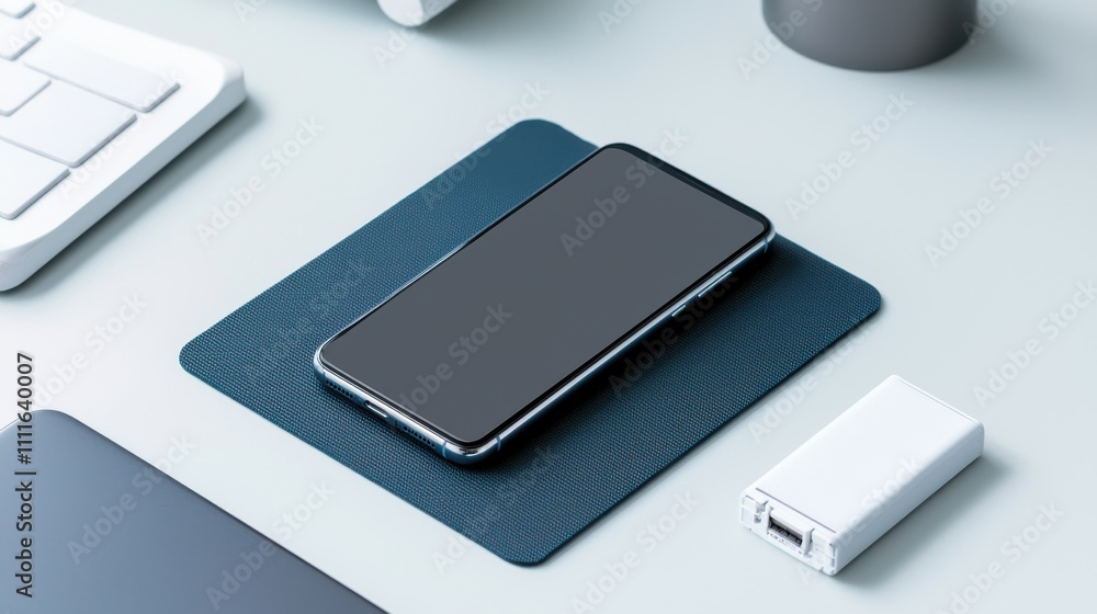 A modern workspace featuring a smartphone on a textured mouse pad, accompanied by a USB charger and minimalistic accessories. A modern workspace featuring a smartphone on a textured mouse pad, accompanied by a USB charger and minimalistic accessories.