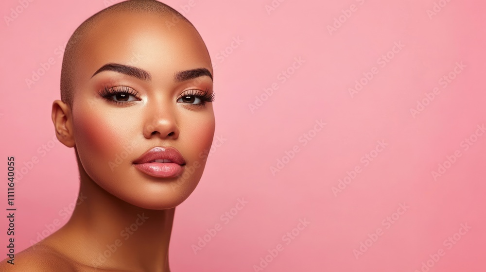 Portrait of a woman with a smooth bald head against pink backdrop Portrait of a woman with a smooth bald head against pink backdrop