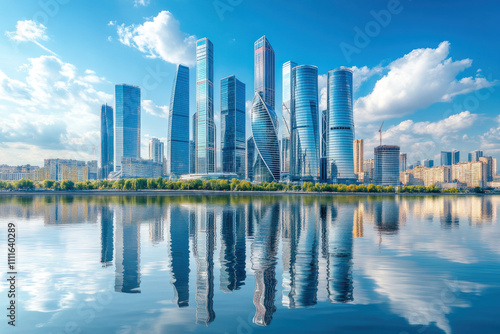 Moscow skyline reflected in water: iconic architectural landmarks like the Kremlin, Saint Basil's Cathedral, and modern high-rise buildings under a clear blue sky. photo