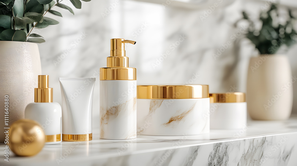 Luxurious pastel white and golden cosmetics packaging container for skincare, fragrance or toiletry industries on marble background. Beauty product mock-up. Store shelf Luxurious pastel white and golden cosmetics packaging container for skincare, fragrance or toiletry industries on marble background. Beauty product mock-up. Store shelf