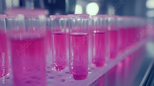 Test tubes filled with pink liquid in a laboratory setting