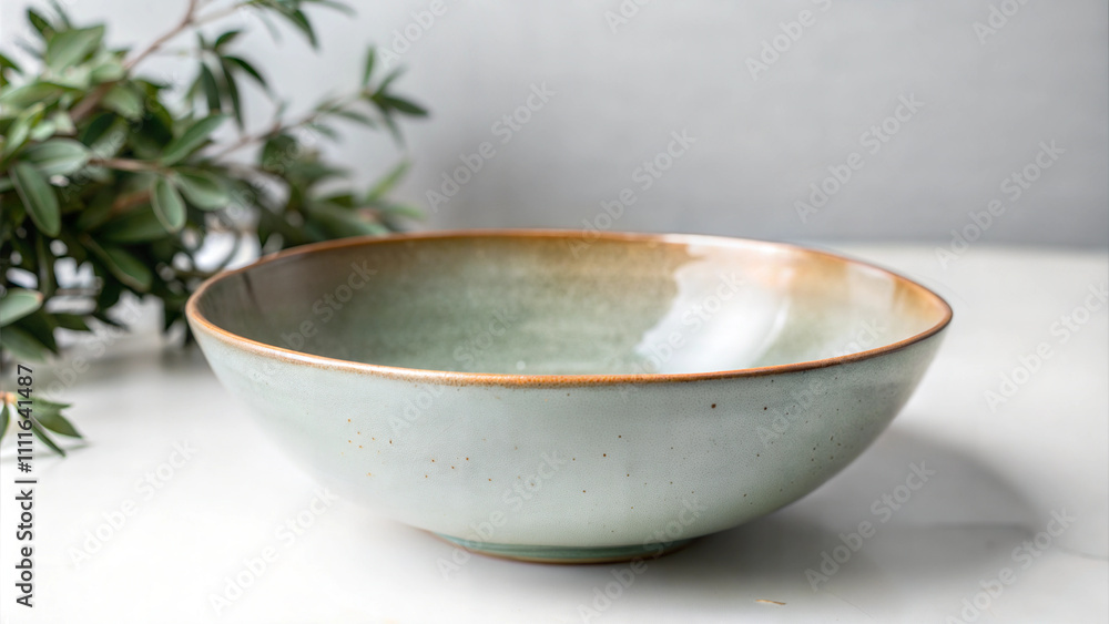 Simple ceramic bowl with green glaze and warm rim Simple ceramic bowl with green glaze and warm rim