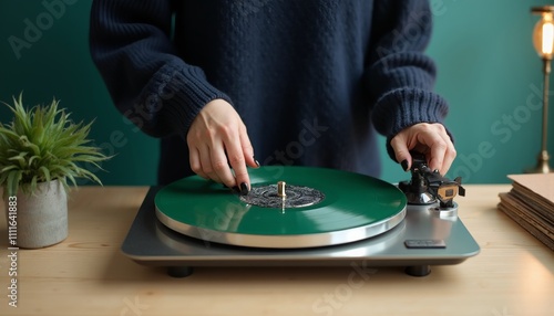 Elegant Hands with Black Nail Polish Adjusting Needle on Turntable photo