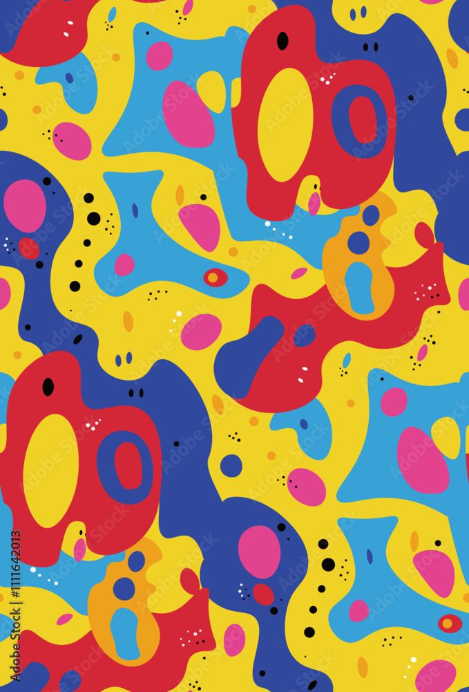Vibrant seamless pattern of abstract multicolored spots. Ideal for backgrounds, textiles, and modern projects, the pattern adds a dynamic and visually appealing touch with varied hues and shapes. Vibrant seamless pattern of abstract multicolored spots. Ideal for backgrounds, textiles, and modern projects, the pattern adds a dynamic and visually appealing touch with varied hues and shapes.