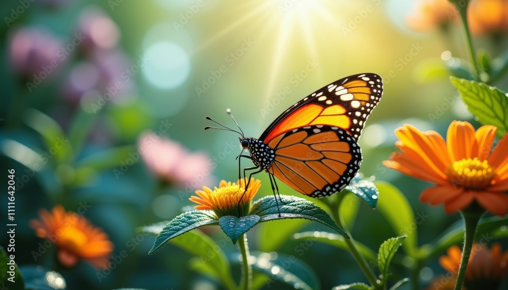 Close-Up of Vibrant Orange Butterfly on Lush Green Leaf Close-Up of Vibrant Orange Butterfly on Lush Green Leaf