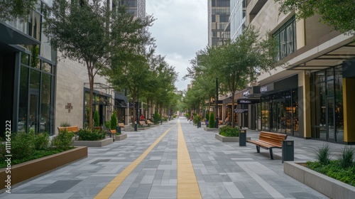 Urban street with greenery and benches for leisure