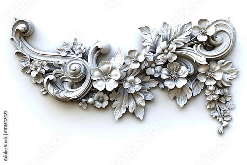 Intricate white floral and scroll ornament, isolated on white background.