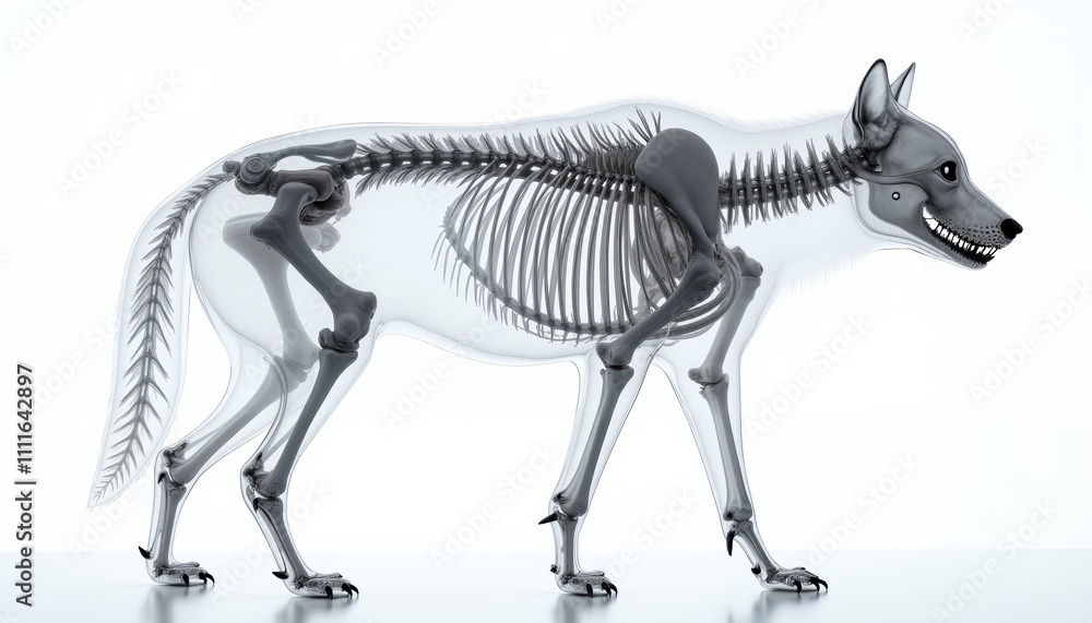 Detailed X-Ray of Grey Wolf Skeleton Showcasing Anatomical Structure Detailed X-Ray of Grey Wolf Skeleton Showcasing Anatomical Structure