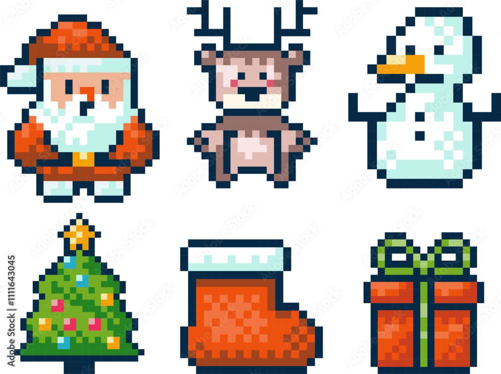Pixel art Christmas icons including Santa Claus, reindeer, snowman, stocking, evergreen tree, and gift box. Icons for holiday designs, greeting cards, or Christmas themed digital illustrations. Pixel art Christmas icons including Santa Claus, reindeer, snowman, stocking, evergreen tree, and gift box. Icons for holiday designs, greeting cards, or Christmas themed digital illustrations.