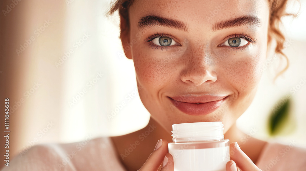 Portrait of a young woman with natural freckles, smiling while holding a skincare cream jar. The soft lighting and blurred background emphasize her glowing skin, promoting beauty and wellness concepts Portrait of a young woman with natural freckles, smiling while holding a skincare cream jar. The soft lighting and blurred background emphasize her glowing skin, promoting beauty and wellness concepts