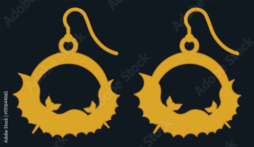 Abstract golden earrings with simple bat silhouette Halloween themed jewelry designs. Intricate and spooky design for festive jewelry pieces inspired by the Halloween. 