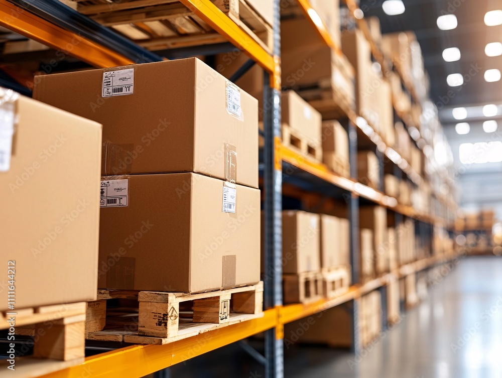 Warehouse storage logistic concept.A well-organized warehouse featuring stacked cardboard boxes on pallets, showcasing efficient storage and inventory management. Warehouse storage logistic concept.A well-organized warehouse featuring stacked cardboard boxes on pallets, showcasing efficient storage and inventory management.
