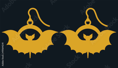 Abstract golden earrings with simple bat silhouette Halloween themed jewelry designs. Intricate and spooky design for festive jewelry pieces inspired by the Halloween. 