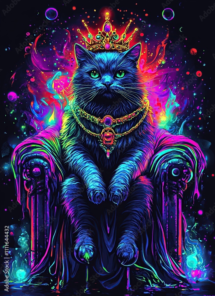 A regal cat adorned with a crown, sitting on a vibrant throne. A regal cat adorned with a crown, sitting on a vibrant throne.