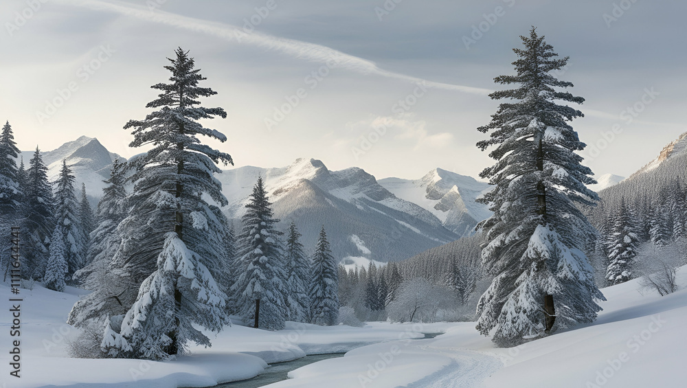 a majestic winter setting in the mountains, with crystal-clear air, pristine white snow, and a tranquil, untouched atmosphere. a majestic winter setting in the mountains, with crystal-clear air, pristine white snow, and a tranquil, untouched atmosphere.
