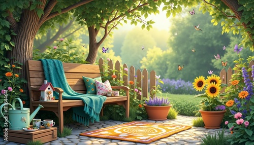 Enchanting garden nook with vibrant flowers and cozy bench setting