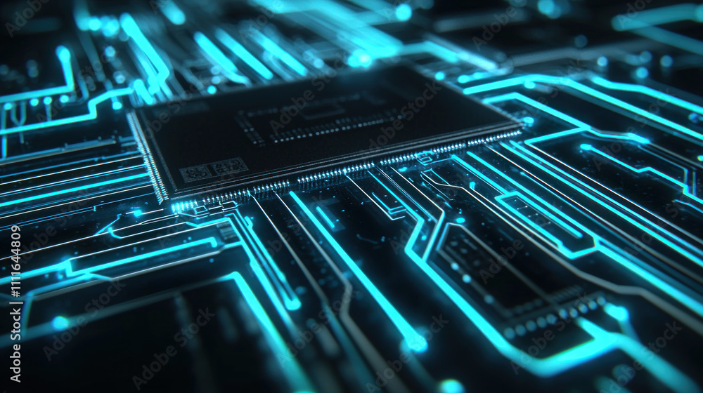 Close-up of CPU on circuit board with glowing blue lines. Close-up of CPU on circuit board with glowing blue lines.