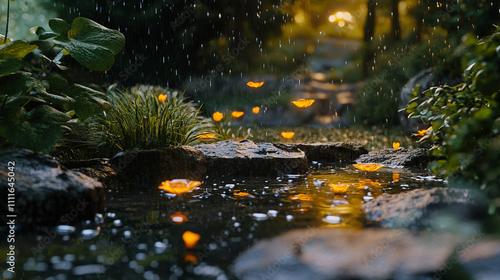 Rainfall creates a serene atmosphere in a shimmering garden landscape at dusk Rainfall creates a serene atmosphere in a shimmering garden landscape at dusk