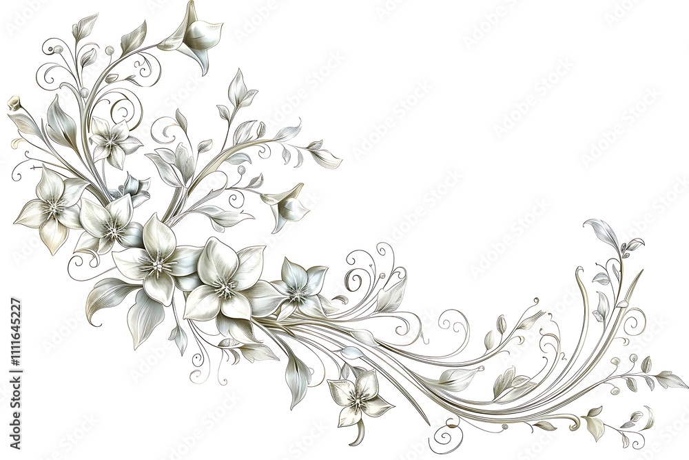 Elegant silver floral design, corner arrangement with swirling vines and delicate flowers. Elegant silver floral design, corner arrangement with swirling vines and delicate flowers.