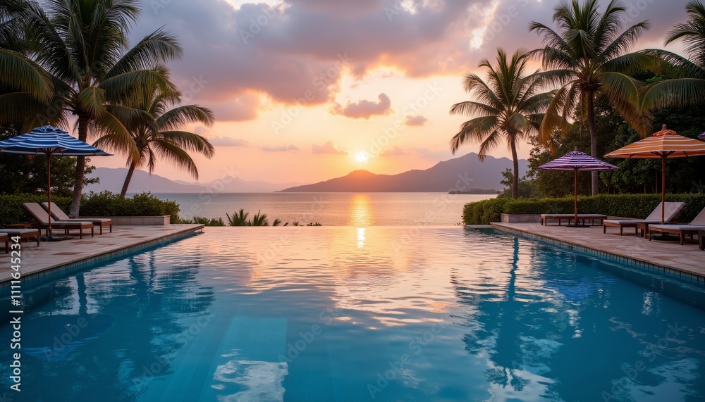 Fototapeta premium Expansive infinity pool reflecting sunset hues surrounded by nature