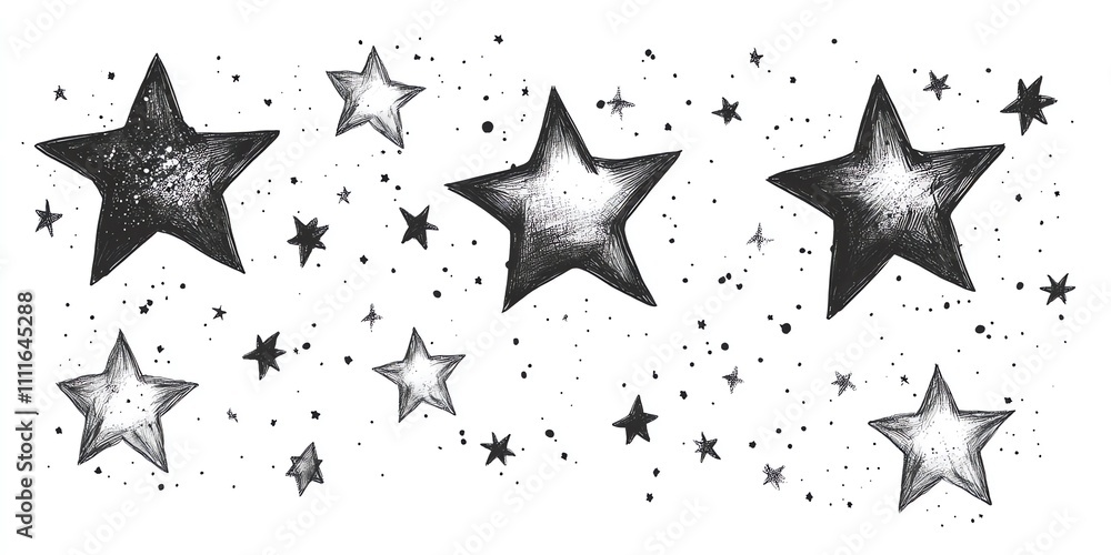 Hand drawn black and white stars on a white background. Hand drawn black and white stars on a white background.