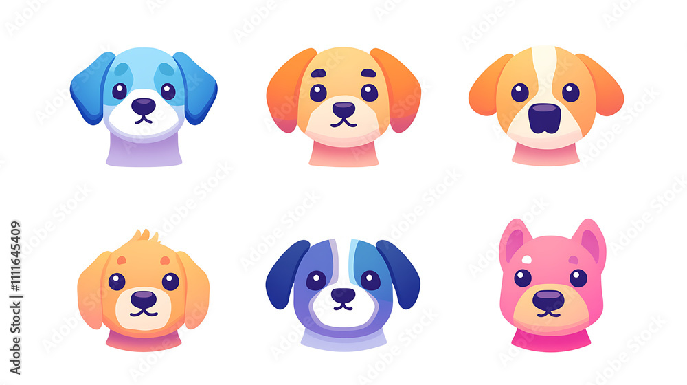 The cute dog logo for a game app, shows only the animal face as an icon, using colors orange, pink, blue, and purple, isolated on a transparent background The cute dog logo for a game app, shows only the animal face as an icon, using colors orange, pink, blue, and purple, isolated on a transparent background