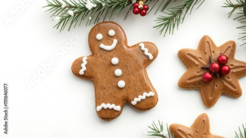 Gingerbread cookie with glossy icing isolated on white background for Christmas decoration, dessert