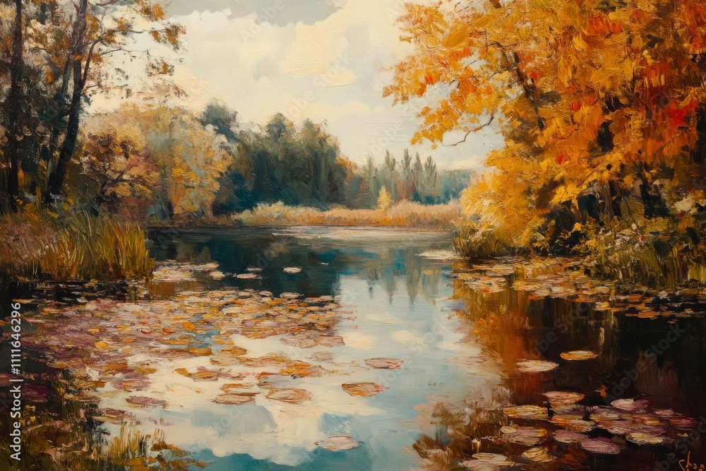 Obraz premium A painting of a river with a lot of leaves on the trees